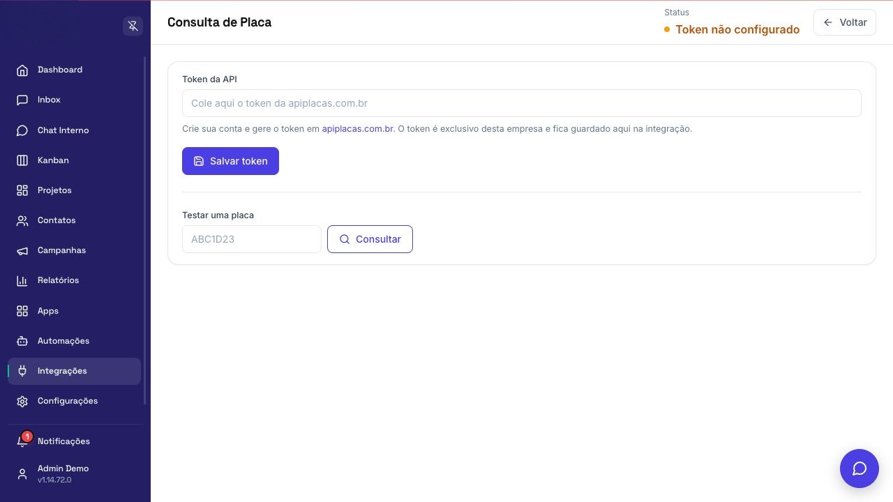 Tela de configuração de Consulta de Placa