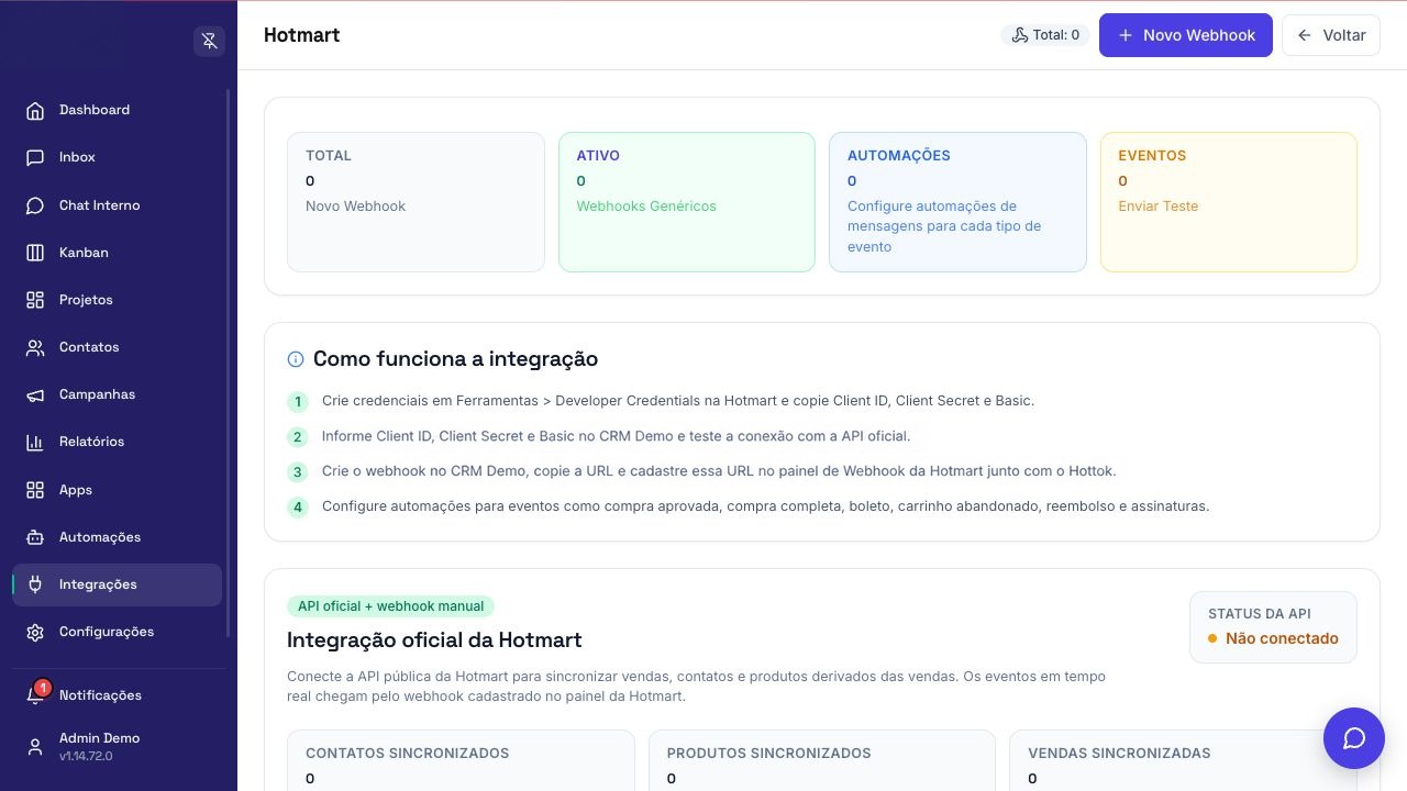 Tela de configuração de Hotmart