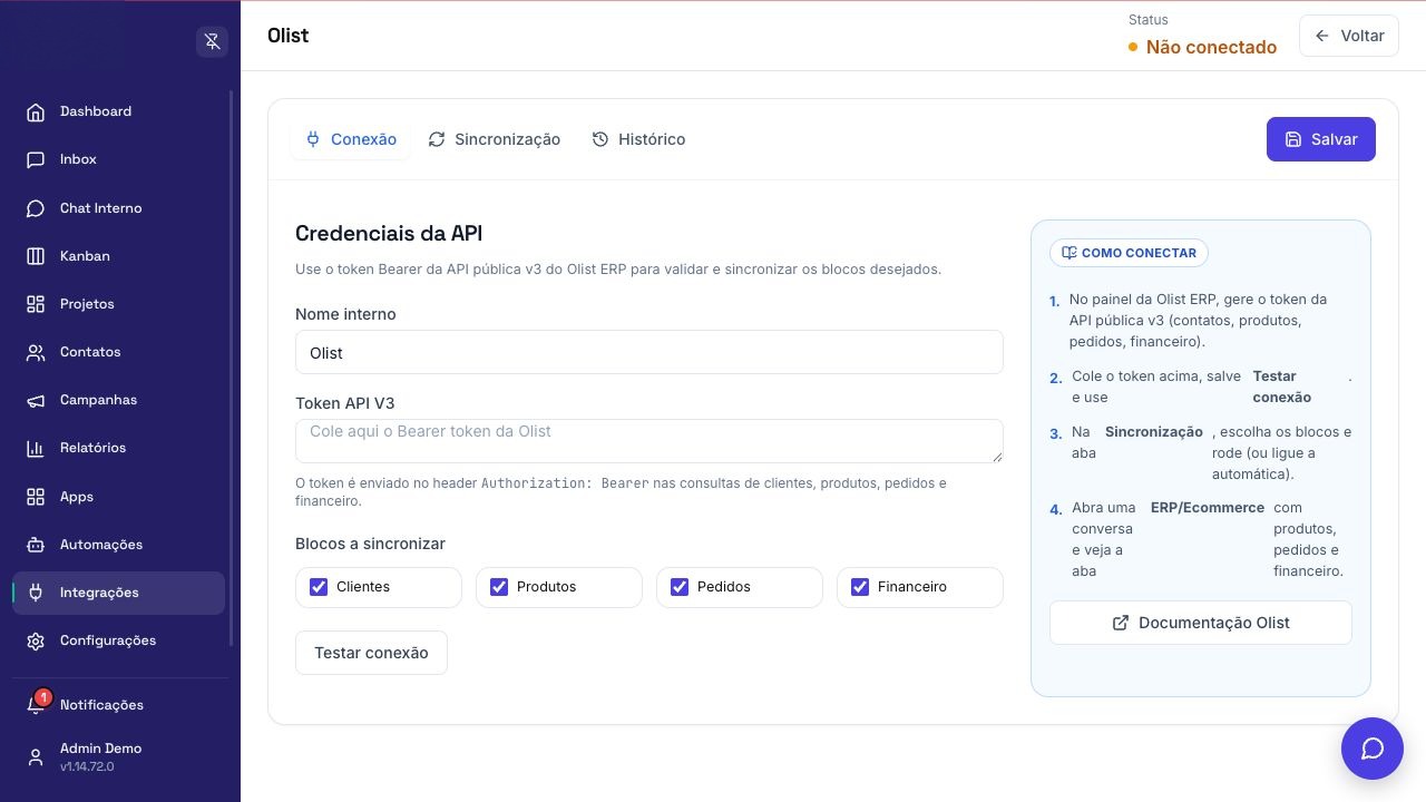 Tela de configuração de Olist