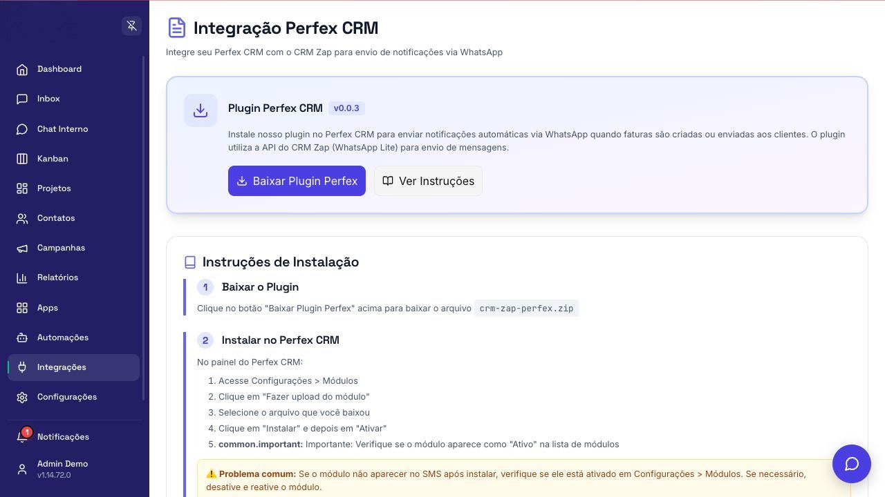 Tela de configuração de Perfex CRM