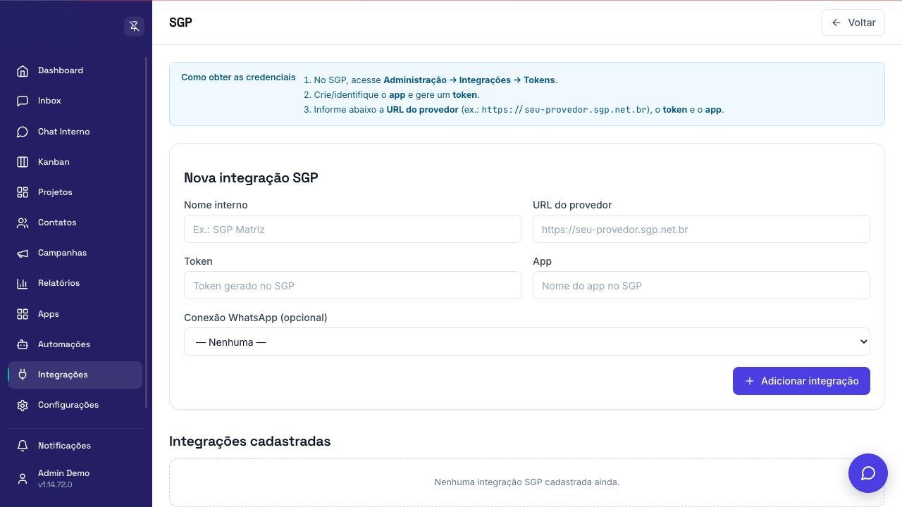 Tela de configuração de SGP