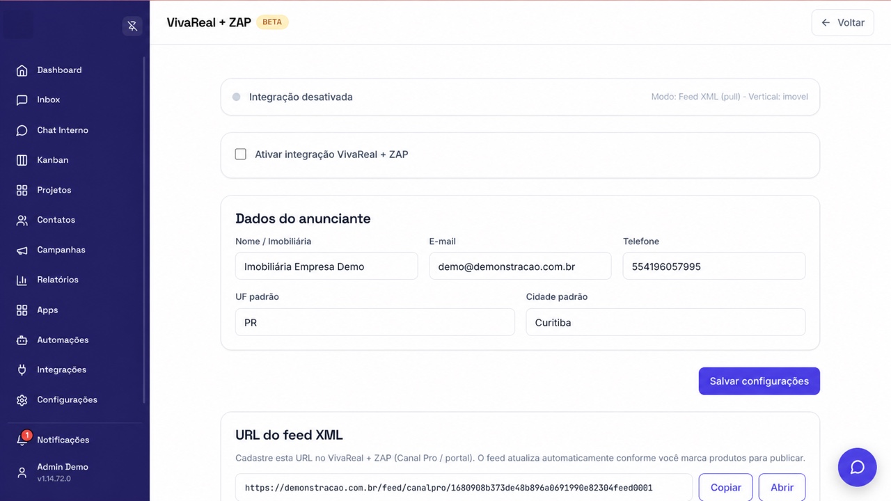 Configuração real de VivaReal + ZAP na empresa Demo