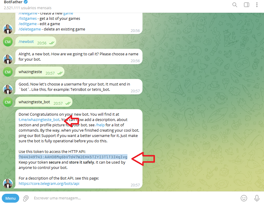 Mensagem do BotFather com o token de acesso destacado